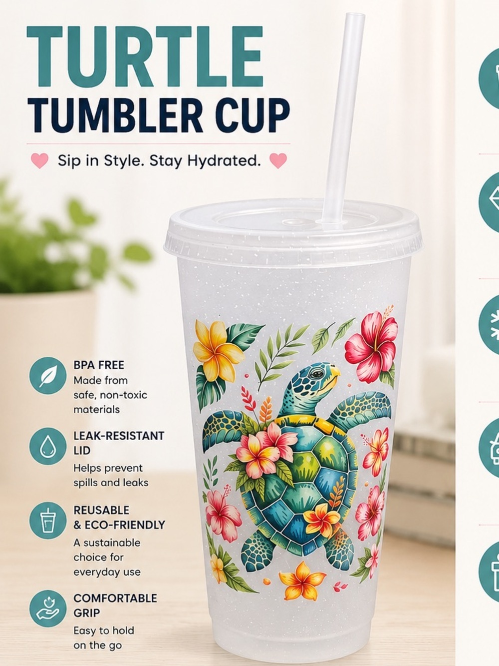 Hand Crafted Blue Floral Sea Turtle Tumbler with Straw